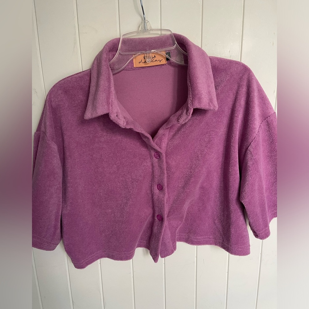 Stella Dallas lilac lavender purple button up French terry crop top shirt size M